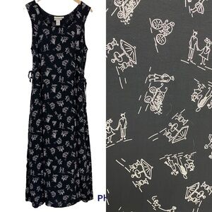 COLDWATER CREEK Novelty People Print Sleeveless Black Maxi Dress Medium Rayon